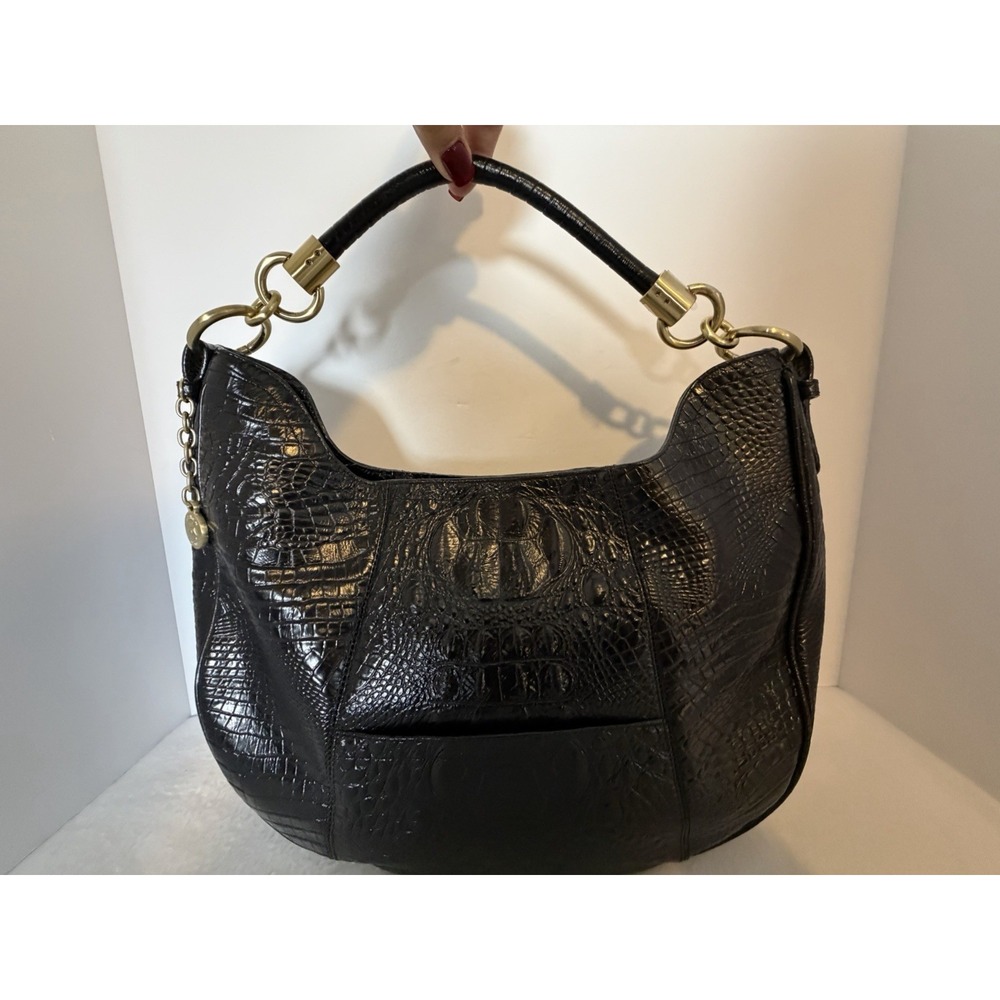 BRAHMIN Kathleen Glossy Black Croc Embossed Single  Strap Shoulder Bag Tote